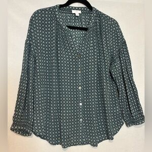 J. Jill Green Geometric Lightweight Long Sleeve Blouse Button Up Top Size M